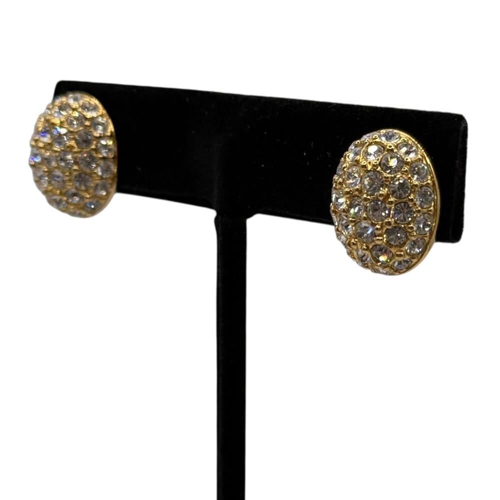 Swarovski Gold Tone Clear Crystal Pave Dome Stud Earrings Post Quiet Luxury Glam - Picture 2 of 9